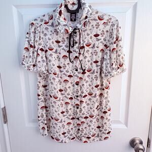 Hot Topic Shirt Womens Small Mushroom Print Ruffle Collar Cottagecore velvet bow